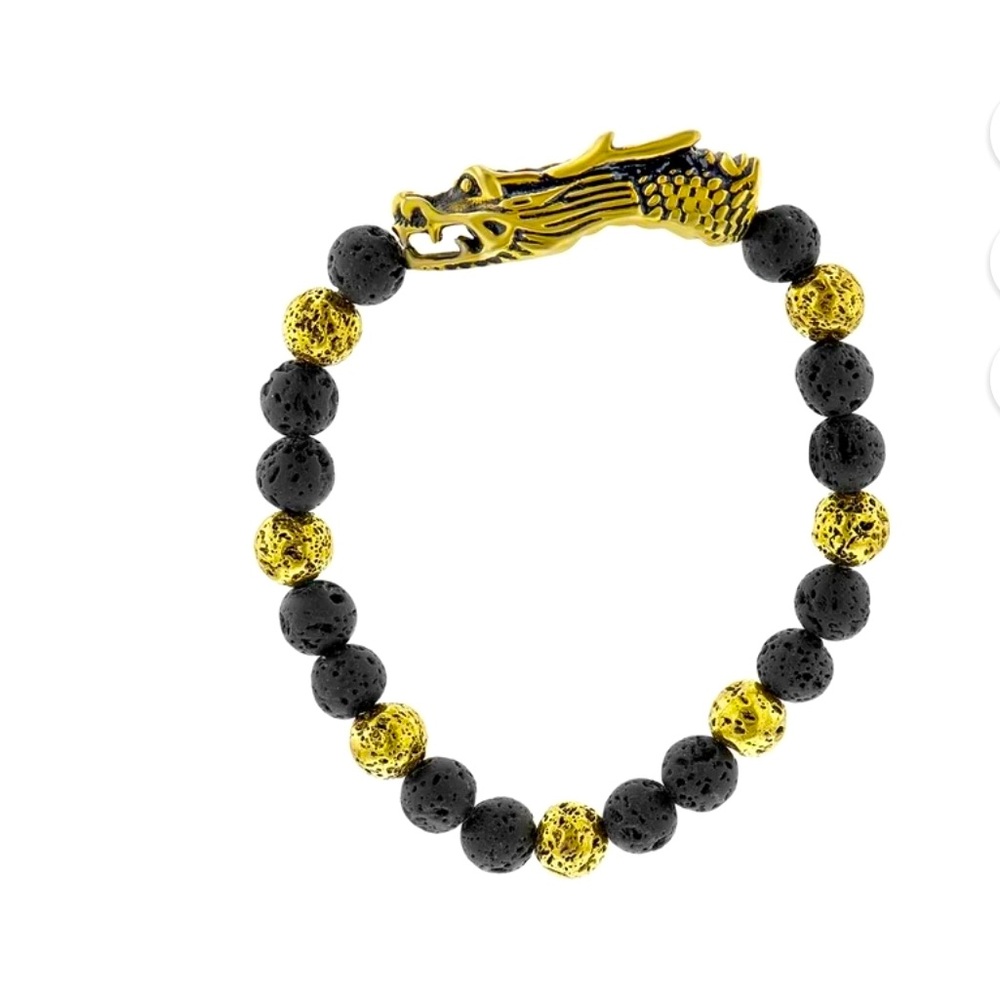 ED HARDY Men's Stainless Steel Gold-ToneNaga Black Volcanic Rock Beaded Bracelet